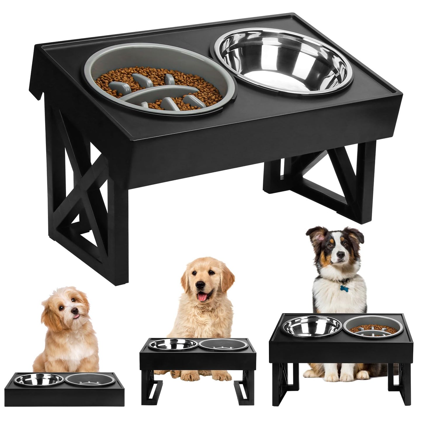Elevated Dog Bowls, Height Adjustable Raised Pet Bowl Stand with 1 Stainless Steel 1.5L Food&Water Bowl & Slow Feeder, Non-Slip Dog Dish Adjusts to Height 2.7",8.62” for Small Medium Large Dogs Cats