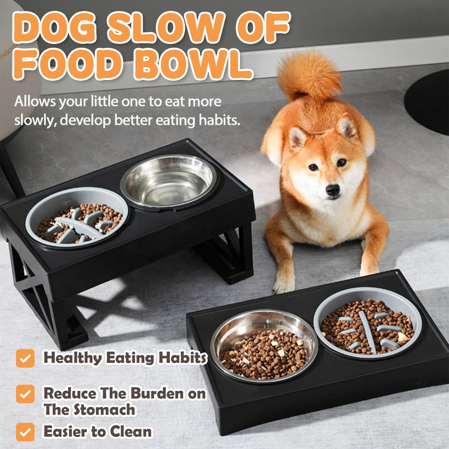 Elevated Dog Bowls, Height Adjustable Raised Pet Bowl Stand with 1 Stainless Steel 1.5L Food&Water Bowl & Slow Feeder, Non-Slip Dog Dish Adjusts to Height 2.7",8.62” for Small Medium Large Dogs Cats
