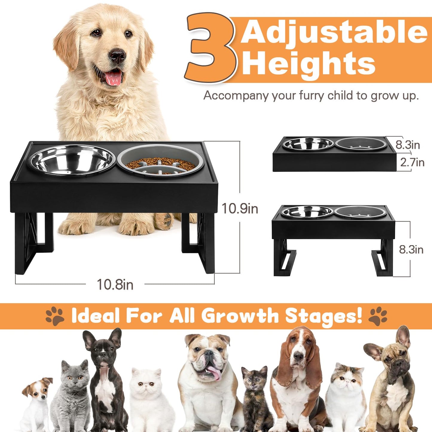 Elevated Dog Bowls, Height Adjustable Raised Pet Bowl Stand with 1 Stainless Steel 1.5L Food&Water Bowl & Slow Feeder, Non-Slip Dog Dish Adjusts to Height 2.7",8.62” for Small Medium Large Dogs Cats