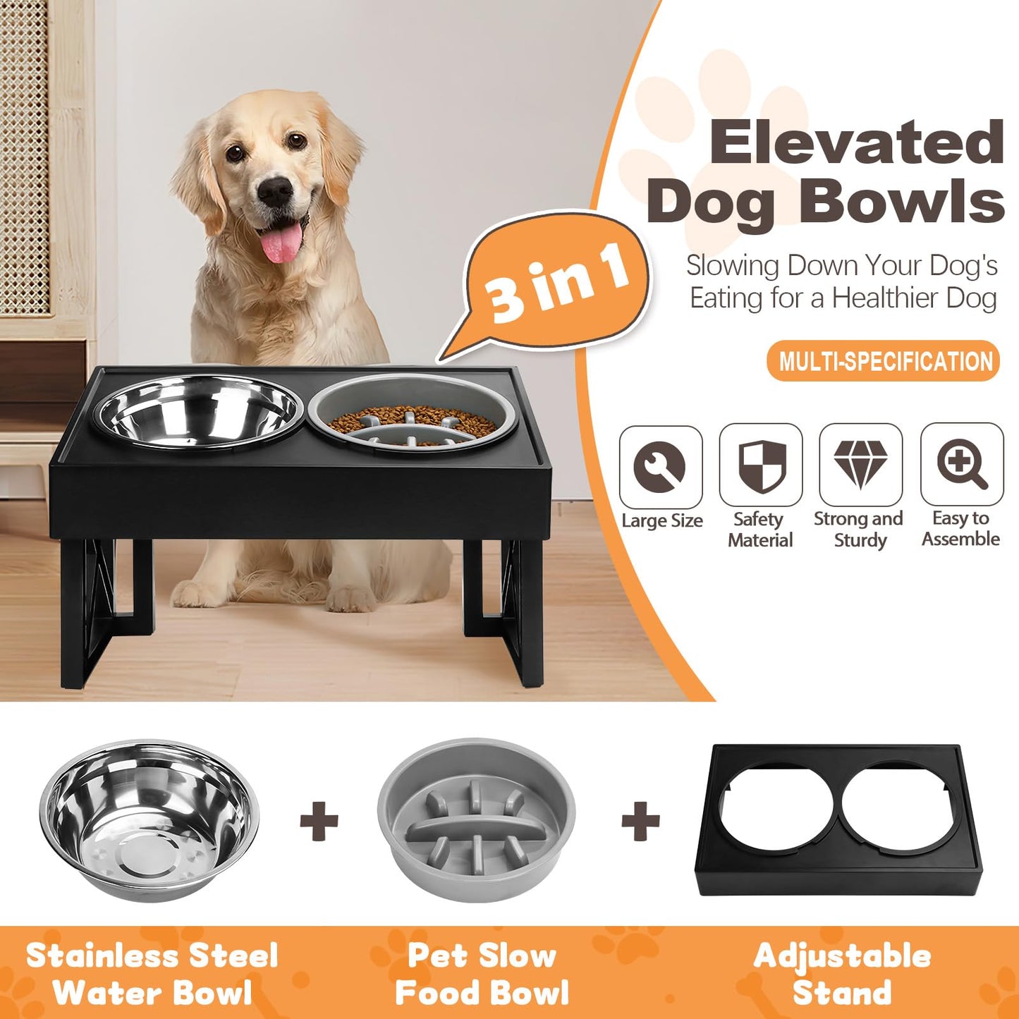 Elevated Dog Bowls, Height Adjustable Raised Pet Bowl Stand with 1 Stainless Steel 1.5L Food&Water Bowl & Slow Feeder, Non-Slip Dog Dish Adjusts to Height 2.7",8.62” for Small Medium Large Dogs Cats