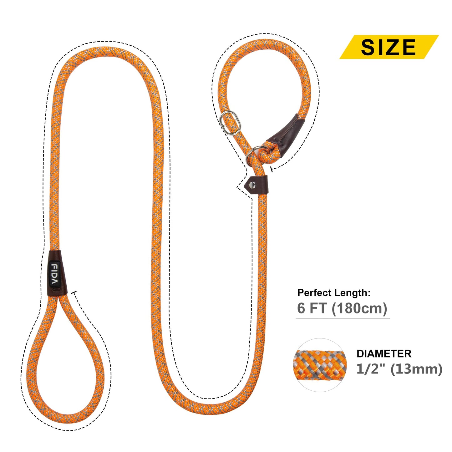 Fida Durable Slip Loop Lead for Large, Medium Dogs, 6 FT x 1/2" Heavy Duty, Comfortable Strong Rope, No Pull Pet Training Leash with Highly Reflective, Orange