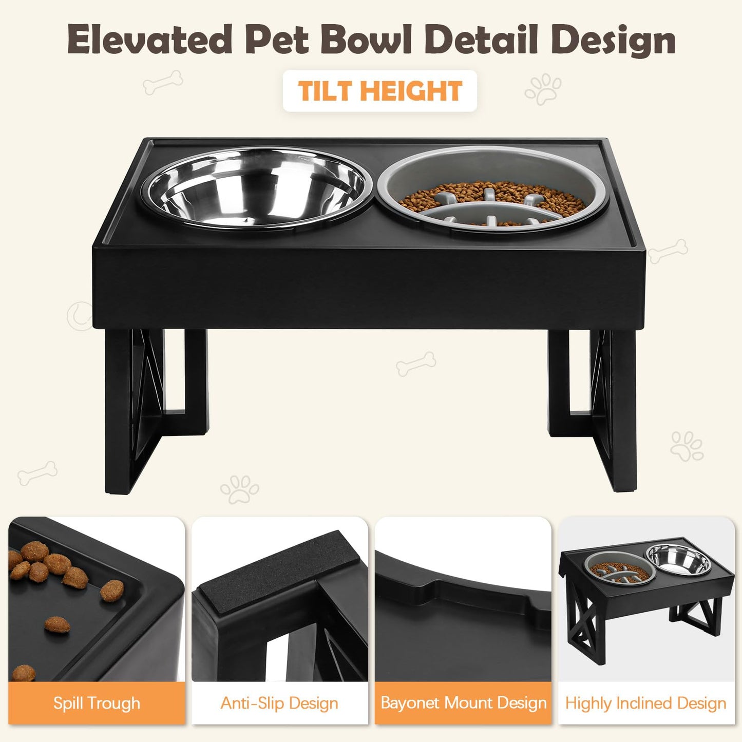 Elevated Dog Bowls, Height Adjustable Raised Pet Bowl Stand with 1 Stainless Steel 1.5L Food&Water Bowl & Slow Feeder, Non-Slip Dog Dish Adjusts to Height 2.7",8.62” for Small Medium Large Dogs Cats