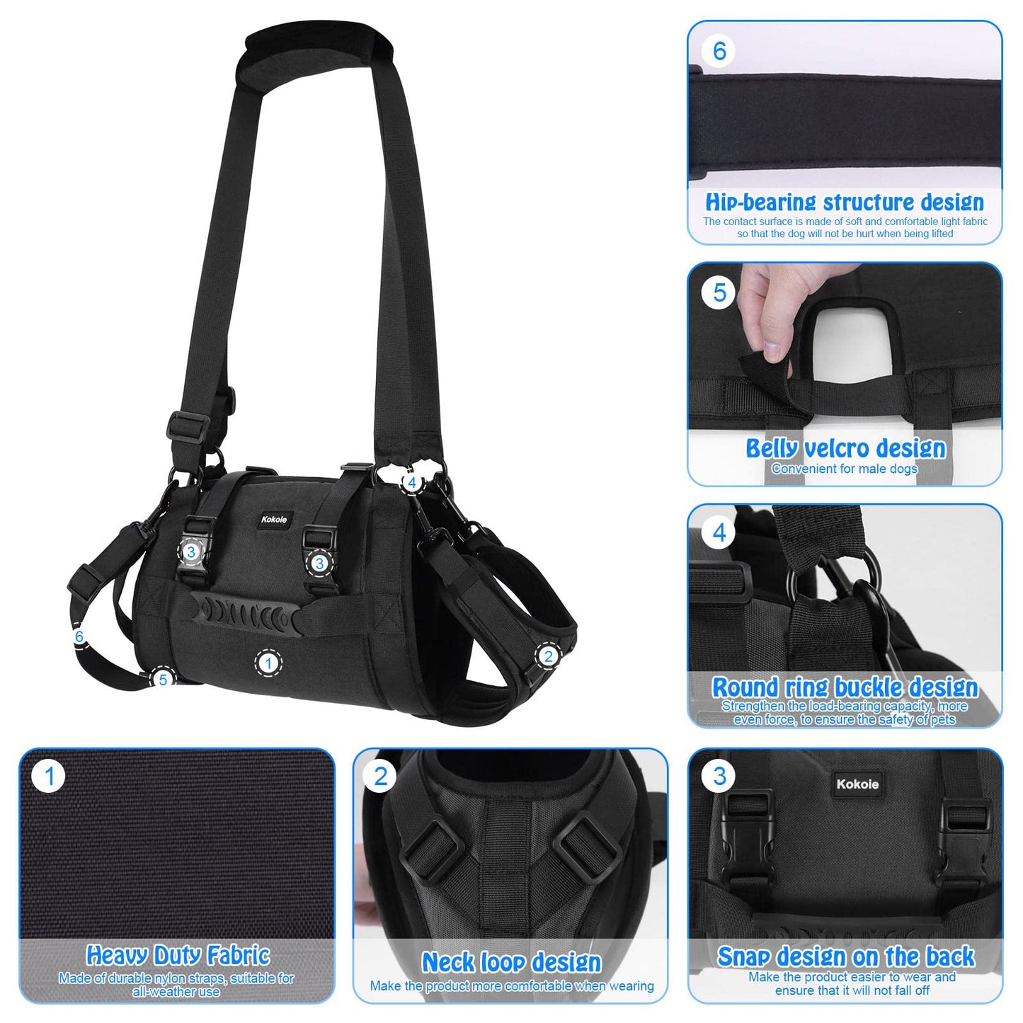 Dog Carry Sling, Emergency Backpack Pet Legs Support & Rehabilitation Dog Lift Harness for Large Dogs, Dog Carrier for Senior Dogs Joint Injuries, Arthritis, Up and Down Stairs (Black, XL)