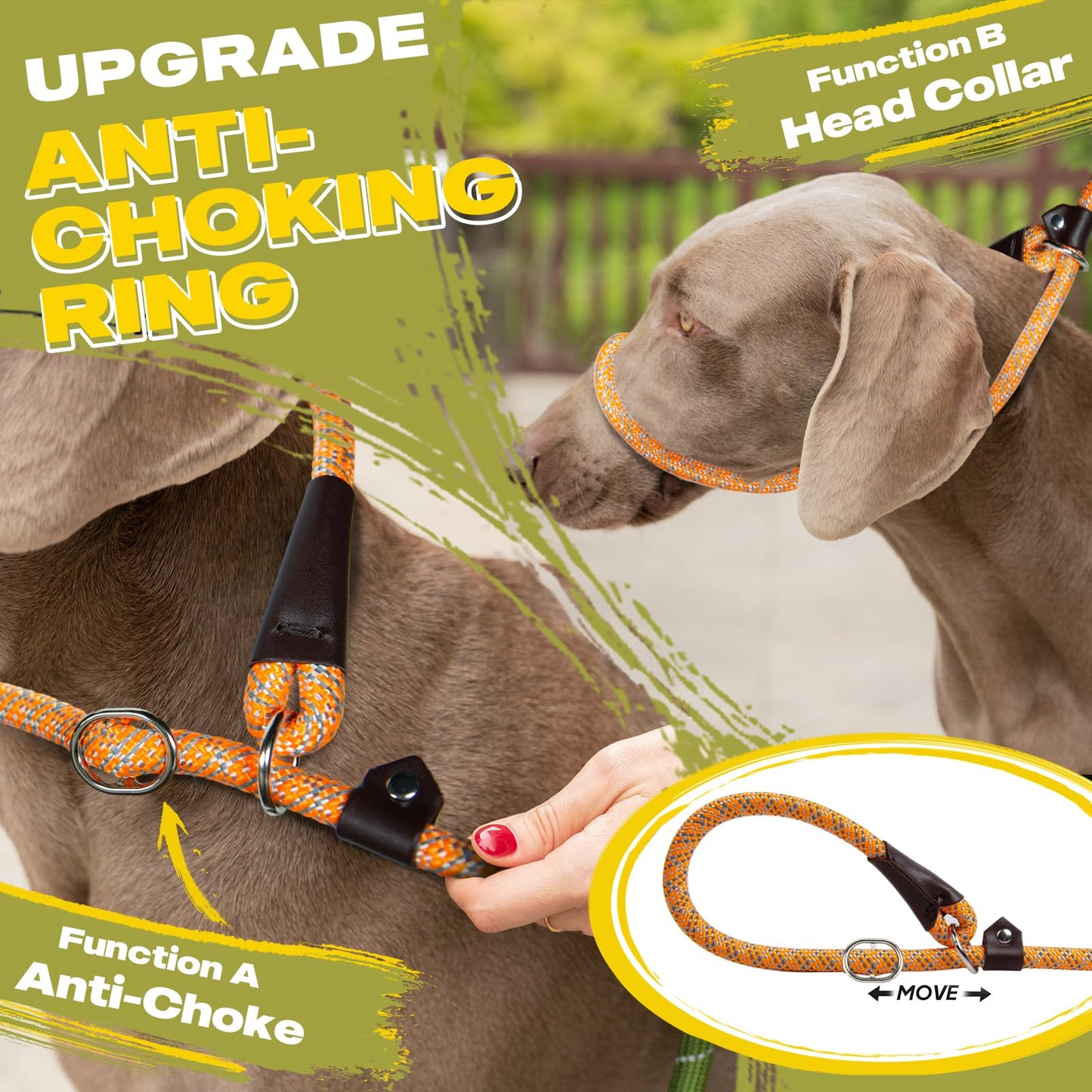Fida Durable Slip Loop Lead for Large, Medium Dogs, 6 FT x 1/2" Heavy Duty, Comfortable Strong Rope, No Pull Pet Training Leash with Highly Reflective, Orange