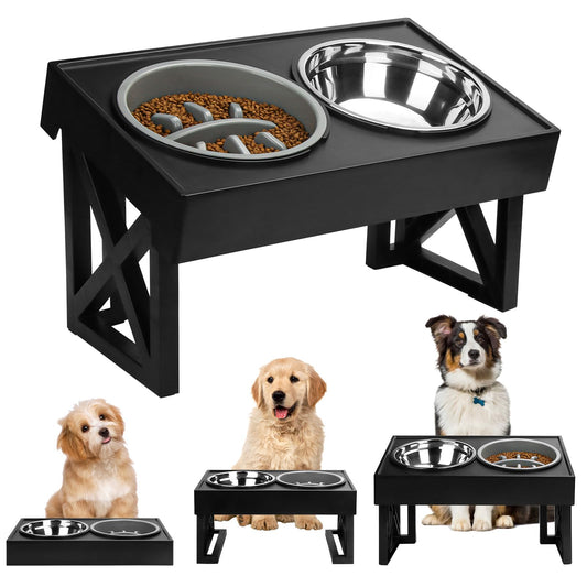Elevated Dog Bowls, Height Adjustable Raised Pet Bowl Stand with 1 Stainless Steel 1.5L Food&Water Bowl & Slow Feeder, Non-Slip Dog Dish Adjusts to Height 2.7",8.62” for Small Medium Large Dogs Cats