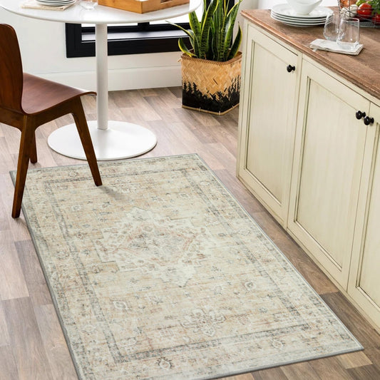 LIVEBOX Washable Area Rug 3x5 - Boho Non-Slip Indoor Rug for Kitchen Entryway, Ultra-Thin Front Door Mat Vintage Tribal Accent Throw Rug for Bedroom Entry Foyer Laundry Room Camper, Beige